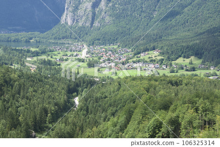 Obertraun cityscape and nature scenery seen from the halfway point of Krippenstein, Austria 106325314