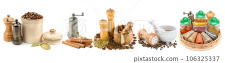 Set of spices and seasonings isolated on white. Collage. Wide photo. 106325337