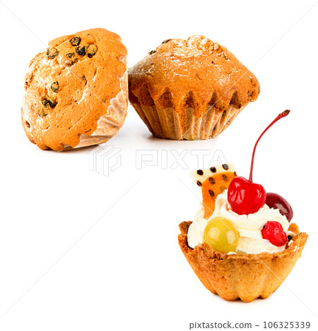 Tart with Fresh berries and muffin isolate on white . Collage. There is space for text. Tart with Fresh berries and muffin isolate on white . Collage. There is space for text. 106325339