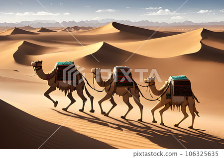 a graphic design of a camel caravan in the desert a graphic design of a camel caravan in the desert 106325635