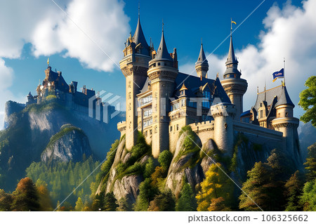 the centerpiece of the artwork is a majestic castle standing tall the centerpiece of the artwork is a majestic castle standing tall 106325662