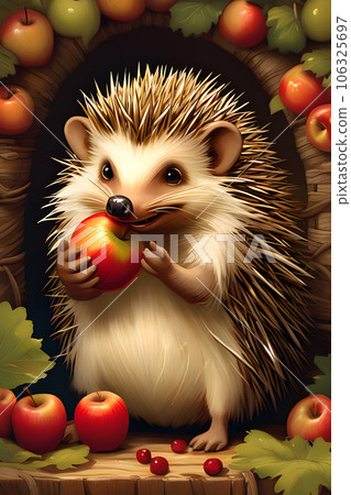 the introduced to an adorable hedgehog with apple 106325697