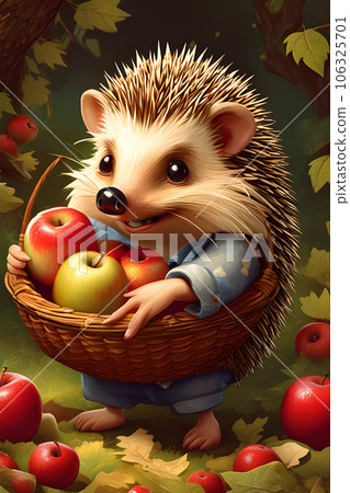 the introduced to an adorable hedgehog with apple 106325701