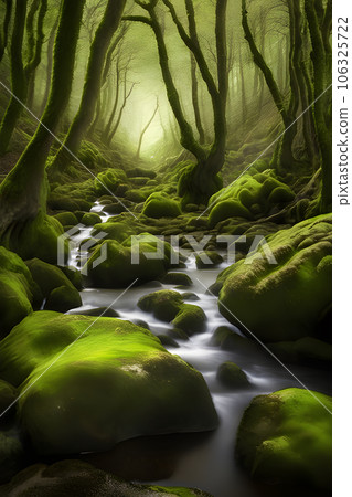 green moss covering Beautiful pine and fir forest 106325722