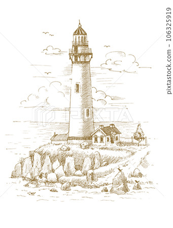 Lighthouse on the coast drawn by hand Lighthouse on the coast drawn by hand 106325919