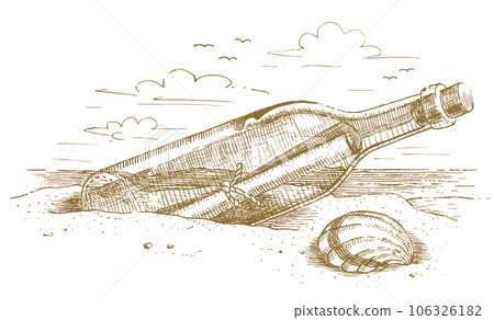 Marine bottle with a message in the sand 106326182