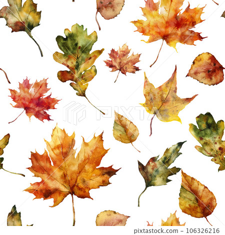 Watercolor autumn seamless pattern of bright leaves. Hand painted fall plants isolated on white background. Floral illustration for design, print, fabric or background. 106326216