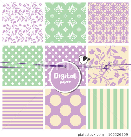 Digital papers, Set of seamless patterns, flowers, dots, stripes, square swatches 106326309