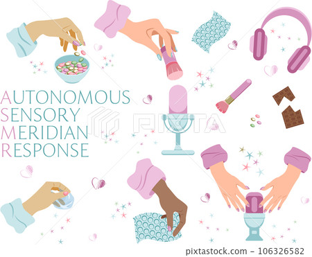 Vector set of equipment for making asmr content with african caucasian and asian hands cartoon style Vector set of equipment for making asmr content with african caucasian and asian hands cartoon style 106326582