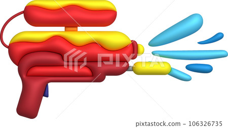 3d icon.Water gun illustration. Plastic summer toy. Colorful design for children. Gun with water splash. 3d icon.Water gun illustration. Plastic summer toy. Colorful design for children. Gun with water splash. 106326735