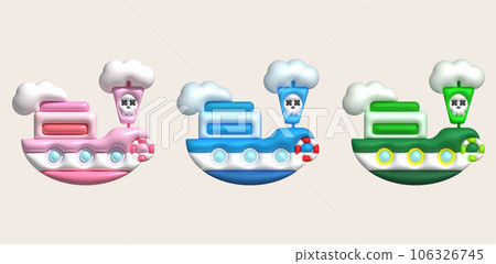 3D illustration toy pirate ship sailship, pirate galleon, cruise, fishing trawler. minimal style. 106326745