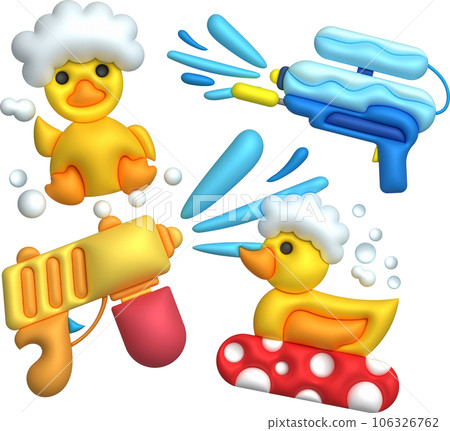 3d icon.Water gun illustration. Plastic summer toy. Colorful design for children. Gun with water splash. 106326762