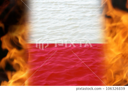 Flag of Poland. protest in Poland. Conflict war over border. Country flag. Woman low rights. Fire, flame. Border 106326839