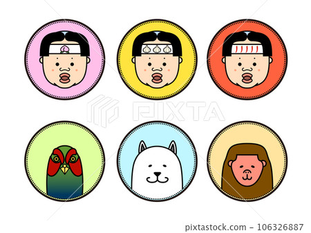 Momotaro, Garlic Taro, and Spicy Taro. Domestic dog, monkey and pheasant icon set. Momotaro, Garlic Taro, and Spicy Taro. Domestic dog, monkey and pheasant icon set. 106326887