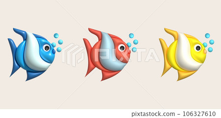 3D illustration Cute underwater animals Sea fish popular color fish. minimal style. 106327610