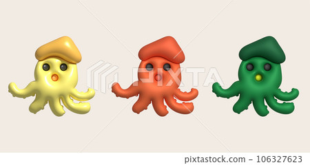 3D illustration Cute underwater animals squid and octopus. minimal style. 3D illustration Cute underwater animals squid and octopus. minimal style. 106327623