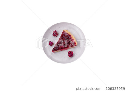Delicious fragrant sweet pie with cherry berries on a ceramic plate Delicious fragrant sweet pie with cherry berries on a ceramic plate 106327959