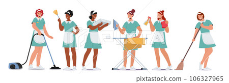 Maid Service, Female Characters Provide Efficient Cleaning Solutions. Women Equipped With Cleaning Tools 106327965