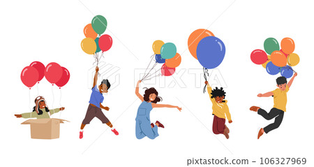 Joyful Kids Soaring On Vibrant Balloons In The Sky Embrace The Whimsical Adventure Of Floating Among The Clouds 106327969