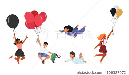 Joyful Kids Soar With Vibrant Balloons in Sky With Laughter And Wonder. Their Carefree Flight Embodies Youth 106327972
