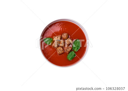 Delicious fresh gazpacho with breadcrumbs, salt and spices in a ceramic plate 106328037