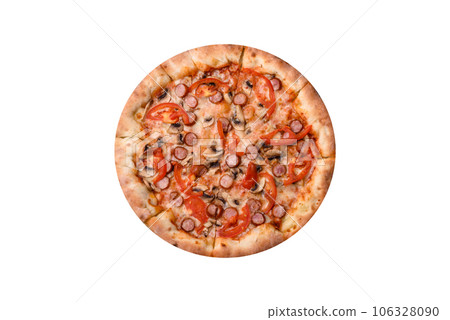 Bavarian pizza with smoked sausages, tomatoes, cheese, salt and spices Bavarian pizza with smoked sausages, tomatoes, cheese, salt and spices 106328090