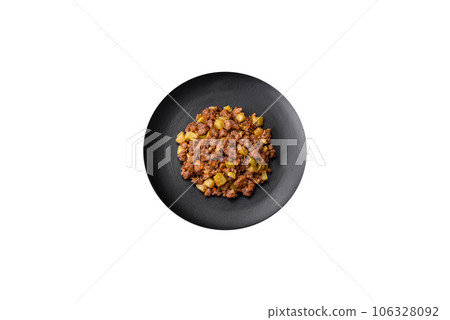 Tasty dish consisting of zucchini, beef meat, mushrooms, onions and garlic Tasty dish consisting of zucchini, beef meat, mushrooms, onions and garlic 106328092
