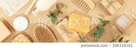 Top view photo of natural hand made soap bar and eco friendly personal care products 106328181