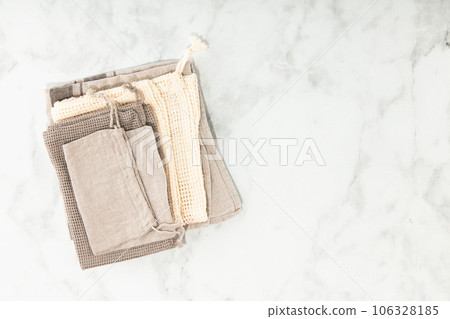 Top view photo of eco friendly personal care products on grey background 106328185