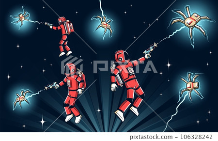 Astronauts in red spacesuits with blasters fight alien Astronauts in red spacesuits with blasters fight alien 106328242