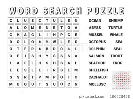 Vector illustration. Word search puzzle. Crossword puzzle on the ocean and the sea Vector illustration. Word search puzzle. Crossword puzzle on the ocean and the sea 106328438