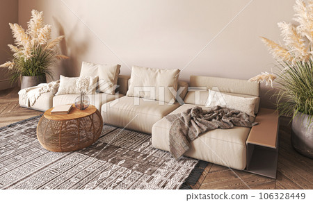 Japanese beige interior with sofa and dry plant. Light nature scandi livingroom. Horizontal banner panoramic background. 3d rendering mock up. High quality 3d illustration Japanese beige interior with sofa and dry plant. Light nature scandi livingroom. Horizontal banner panoramic background. 3d rendering mock up. High quality 3d illustration 106328449
