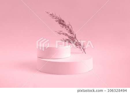 Podium for cosmetic product presentation. Abstract minimal geometrical form. Cylinder sphere geometric forms. Scene to show products. Showcase display Podium for cosmetic product presentation. Abstract minimal geometrical form. Cylinder sphere geometric forms. Scene to show products. Showcase display 106328494
