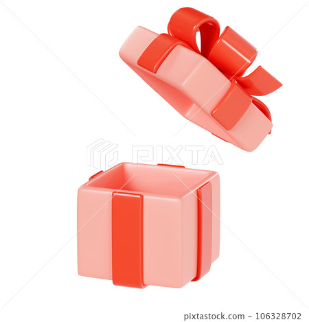 Open red gift box 3d render illustration - surprise pack with glossy ribbon and bow and flying cap. Reward or winner design element, birthday and Christmas open empty prize package. 106328702