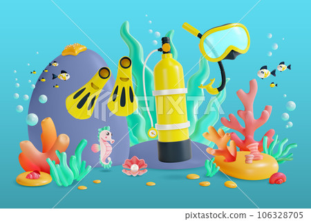 3d Color Underwater World Scene Landscape Concept Cartoon Style Include of Scuba Mask and Snorkel Gear Set. Vector illustration of Diving Equipment 106328705