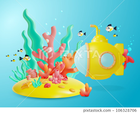 3d Color Underwater World Scene Landscape Concept Cartoon Style Include of Yellow Submarine with Periscope. Vector illustration 3d Color Underwater World Scene Landscape Concept Cartoon Style Include of Yellow Submarine with Periscope. Vector illustration 106328706