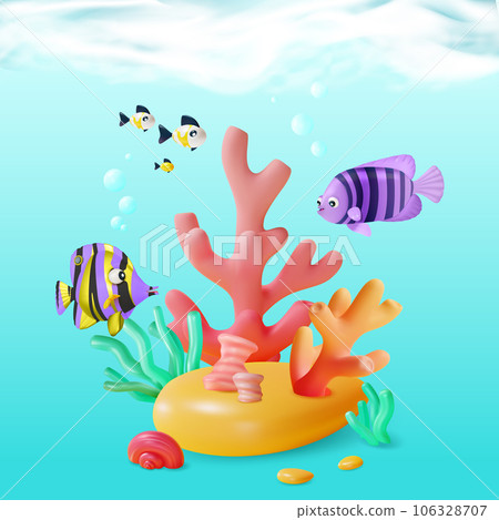 3d Color Underwater World Scene Landscape Concept Cartoon Style Include of Striped Tropical Fish. Vector illustration 3d Color Underwater World Scene Landscape Concept Cartoon Style Include of Striped Tropical Fish. Vector illustration 106328707