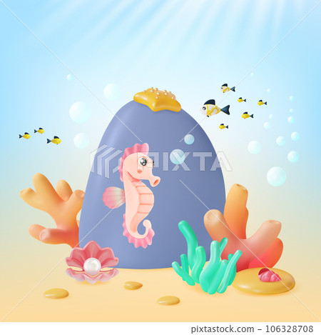3d Color Underwater World Scene Landscape Concept Cartoon Style Include of Sea Horse Tropical Aquatic Creature. Vector illustration 106328708
