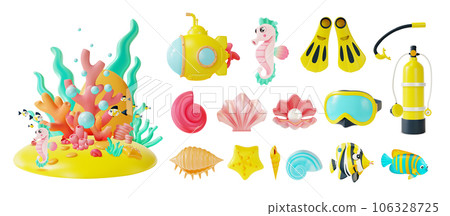 3d Underwater World and Diving Adventure Concept Icon Set Cartoon Style Include of Mollusk Seashells Different Forms Under Water, Yellow Submarine and Sea Horse. Vector illustration 3d Underwater World and Diving Adventure Concept Icon Set Cartoon Style Include of Mollusk Seashells Different Forms Under Water, Yellow Submarine and Sea Horse. Vector illustration 106328725