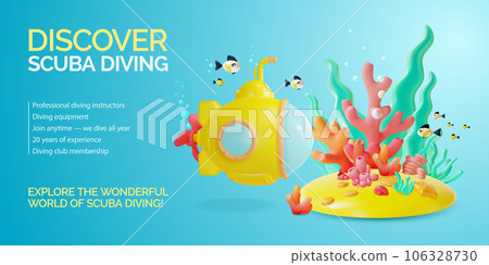 3d Discover Scuba Diving Placard Poster Banner Card Template Cartoon Style Underwater World Scene Landscape and Yellow Submarine with Periscope. Vector illustration 106328730