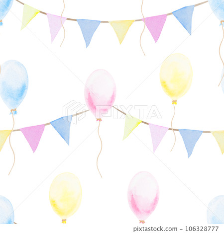 Colorful garland, balloons: pink, yellow, blue. Hand drawn watercolor seamless pattern in children's style. Cute design element for greeting card, invitation. Good for kid's products and print 106328777