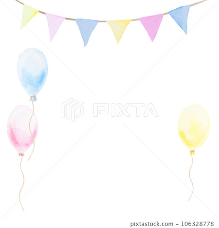 Colorful garland, balloons: pink, yellow, blue. Hand drawn watercolor painting in children's style. Cute design element for greeting card, invitation. Can be used in kid's products and print 106328778