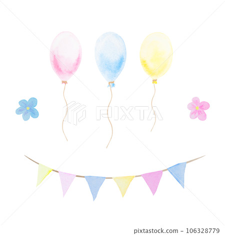 Colorful garland , balloons and flowers. Hand drawn watercolor painting in children's style. Cute design element for greeting card, invitation, textiles. Can be used in kid's products and print 106328779
