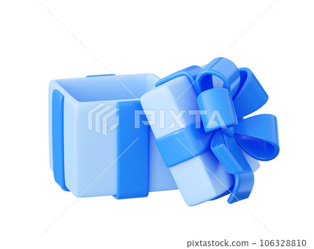 Open blue gift box with cover laying near 3d render illustration. Pastel colored empty surprise package with ribbon and bow for Christmas, birthday or anniversary present, holiday or winner concept. 106328810