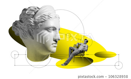 Shirtless muscular man and antique statue head of woman on white background with colorful element. Contemporary art collage. 106328938