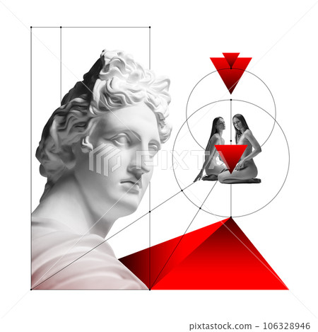 Femininity. Tender, attractive naked young woman and antique statue head over white background. Contemporary art collage. 106328946
