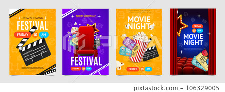 Cinema Festival and Movie Night Placard Poster Banner Card Template Set. Vector 106329005