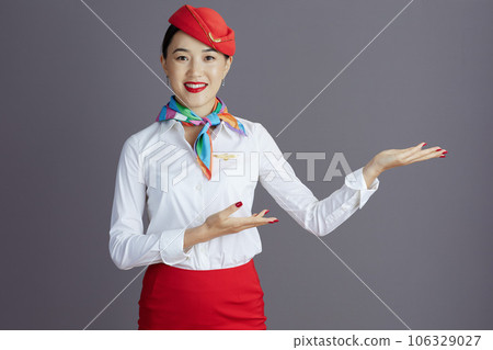 smiling air hostess asian woman welcoming isolated on gray 106329027