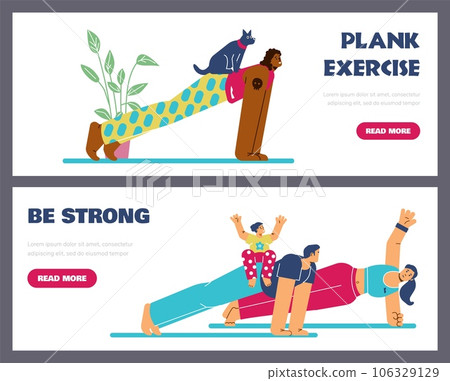People doing plank exercise at home, web banners set, flat vector illustration. People doing plank exercise at home, web banners set, flat vector illustration. 106329129