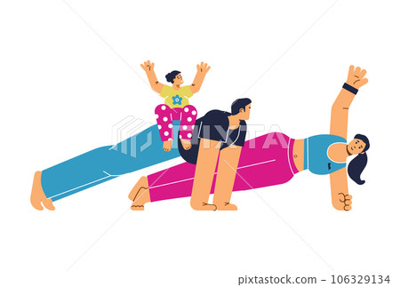 Man, woman and their child doing plank exercise, flat vector illustration isolated on white background. Man, woman and their child doing plank exercise, flat vector illustration isolated on white background. 106329134